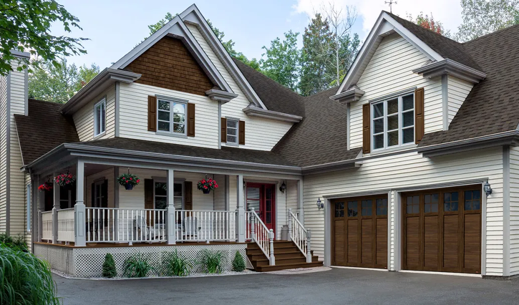 Princeton P-31, 9' x 8', Chocolate Walnut Faux Wood doors and overlays, 4 lites Panoramic windows with Clear glass